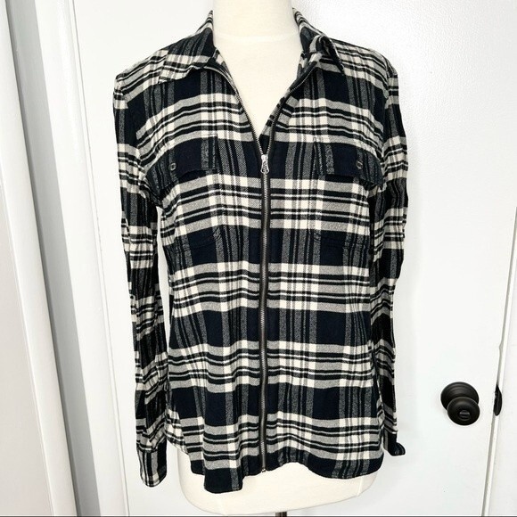 Chaps Flannel Shacket Black Cream Plaid Zipper Front Cotton Long Sleeve Top - Picture 3 of 7